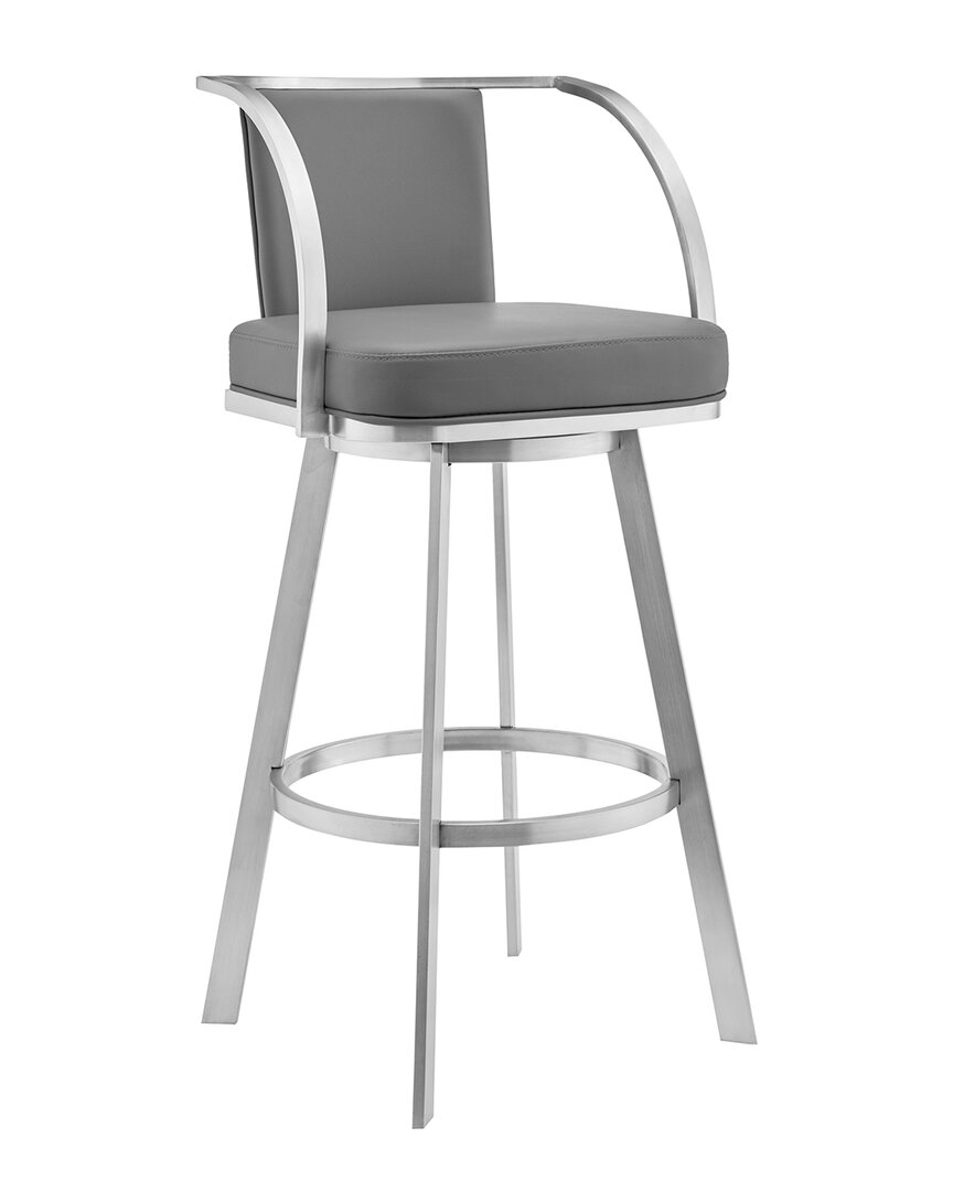 Armen Living Sandringham 30 Grey Faux Leather And Brushed Stainless Steel Swivel Bar Stool