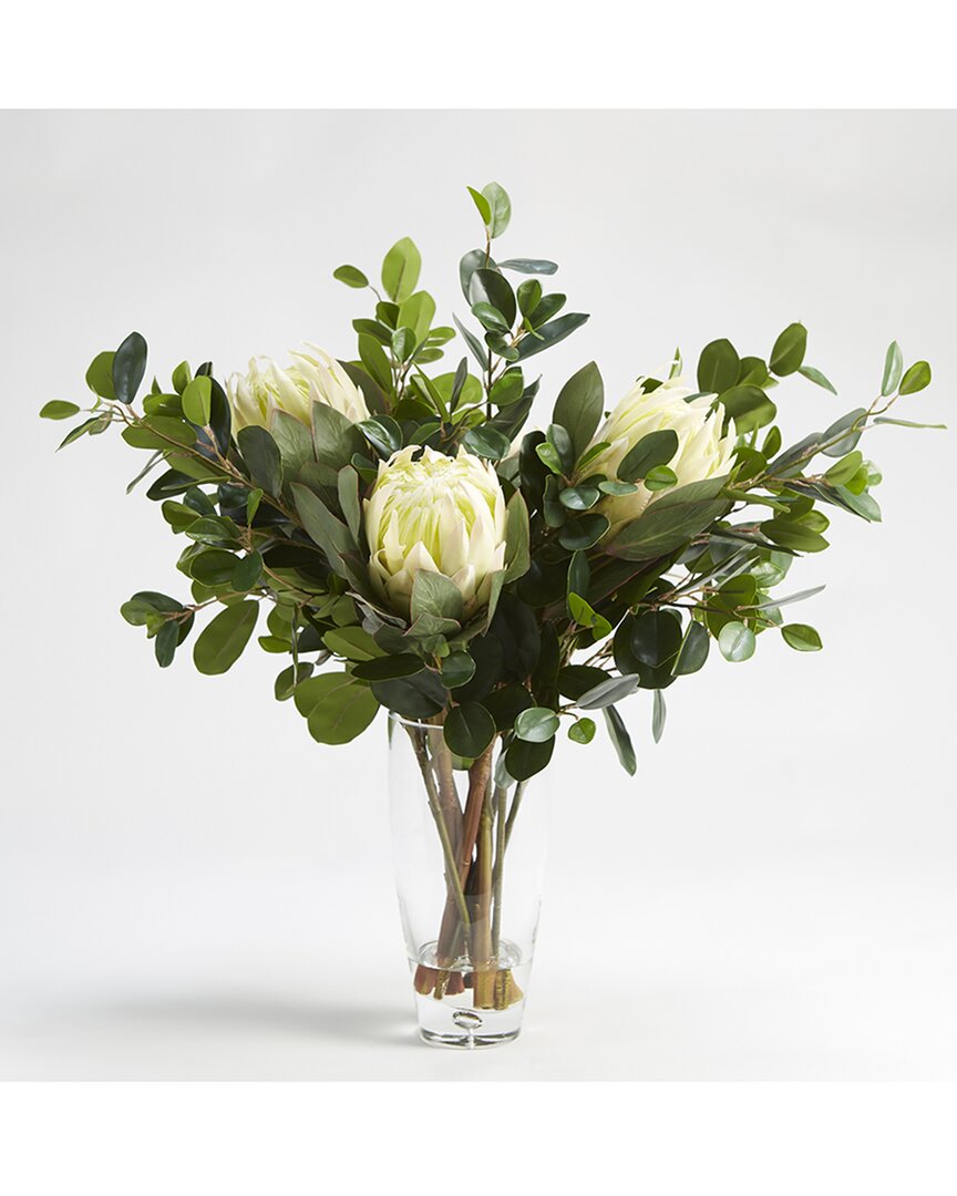D&w Silks , Inc White Proteas With Oriental Ficus Branches In Glass Vase