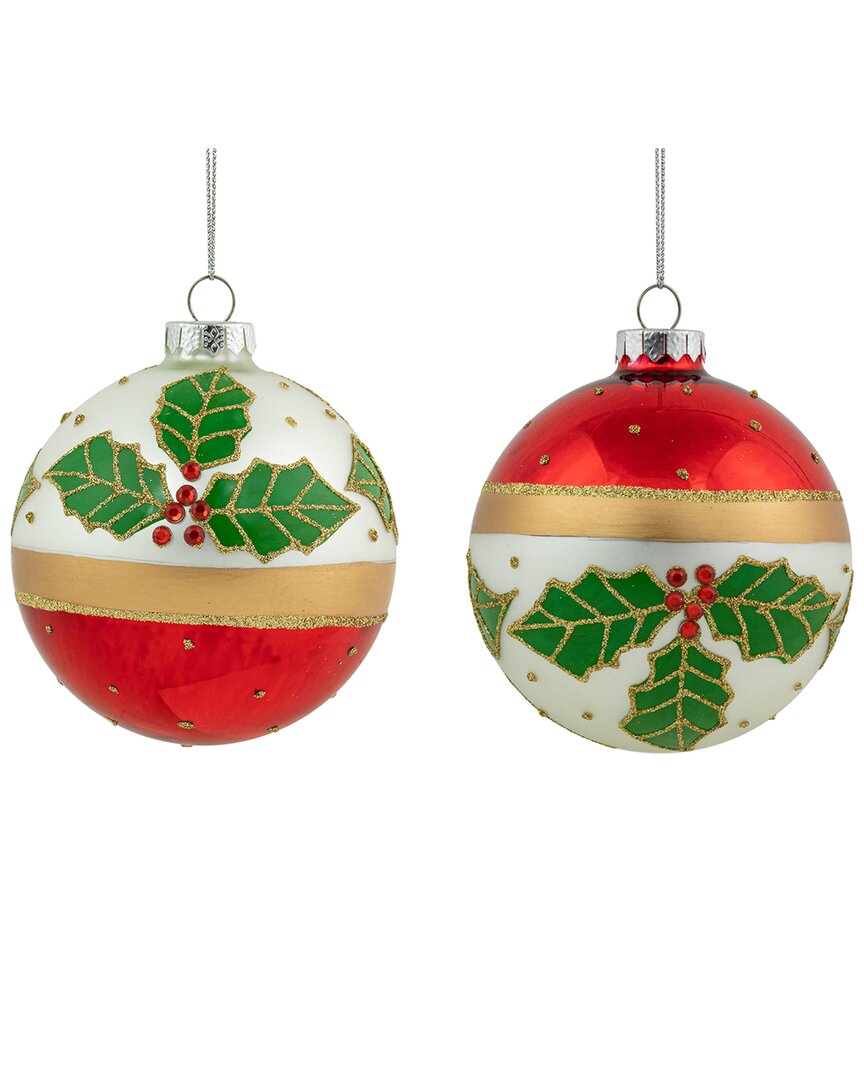 NORTHLIGHT NORTHLIGHT SET OF 2 HOLLY & BERRIES GLITTERED CHRISTMAS GLASS BALL ORNAMENTS