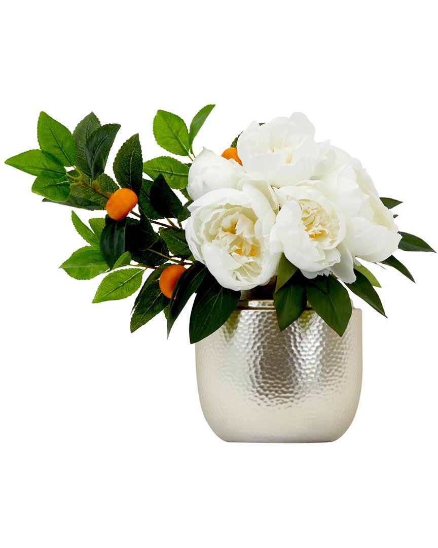Nearly Natural 16in Artificial Peony Dahlia Arrangement With Vase In White
