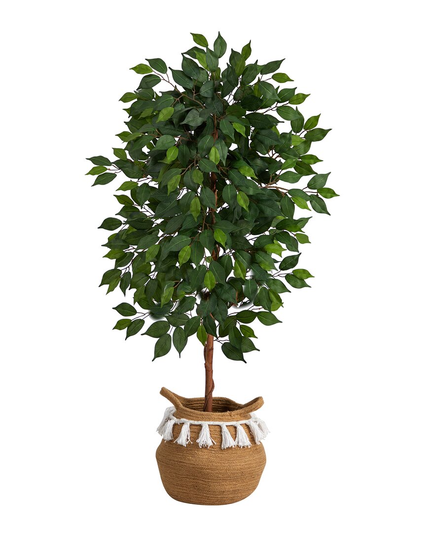 Nearly Natural 4ft Artificial Ficus Tree With Handmade Tassel Basket In Green