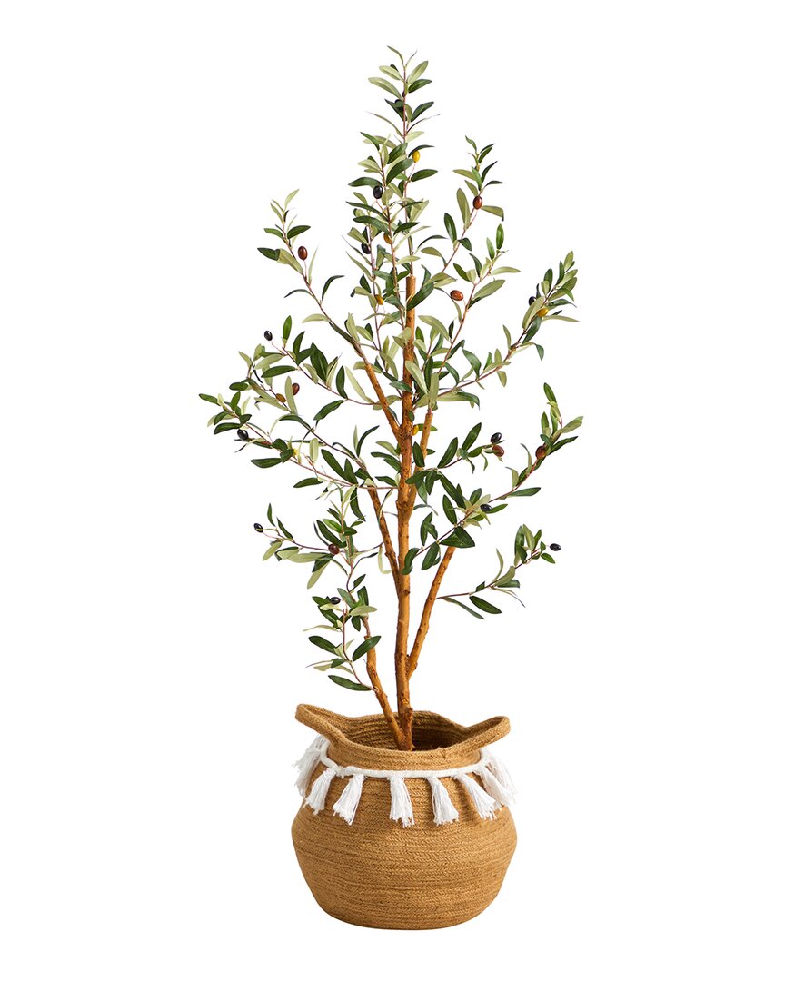 Nearly Natural 3.5ft Artificial Olive Tree With Handmade Tassel Basket In Green