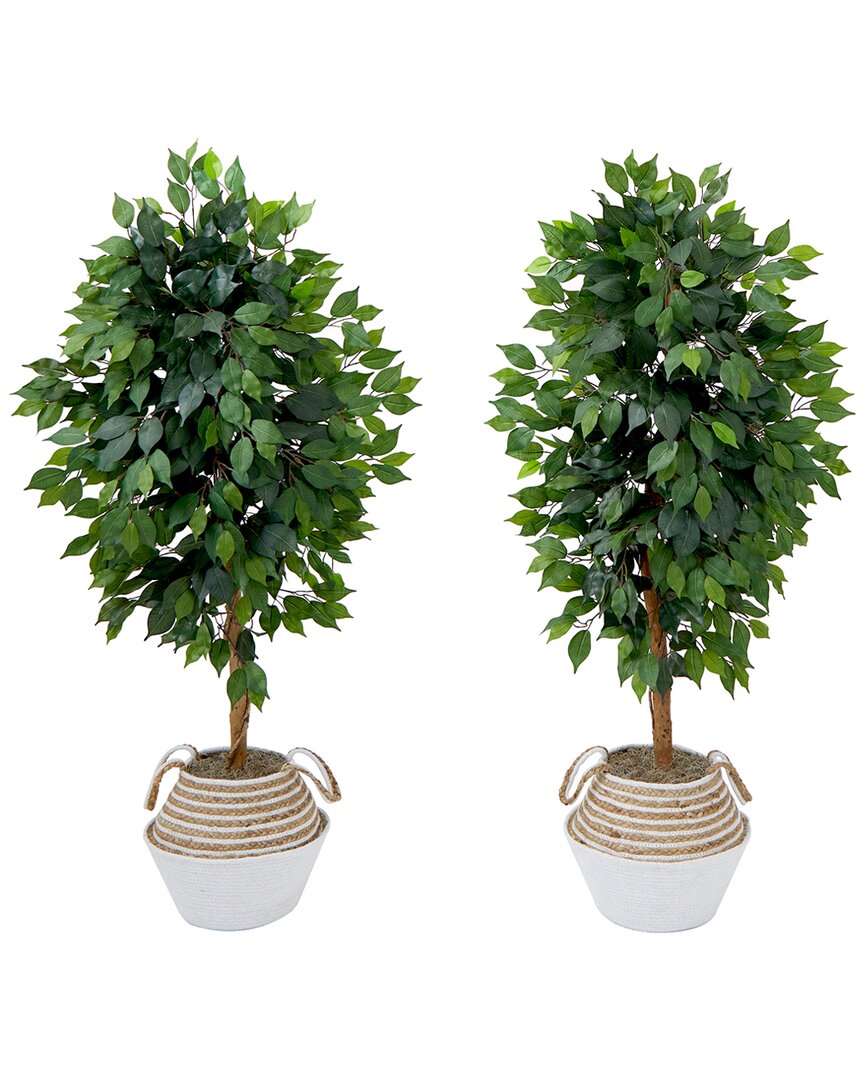 Nearly Natural Set Of Two 4.5ft Artificial Ficus Trees With Double Trunk In Handmade Basket Diy Kit In Green
