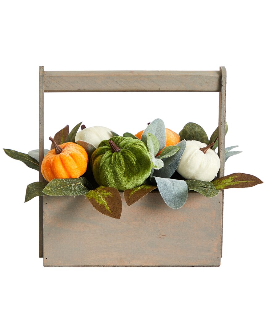 Nearly Natural 10in Fall Pumpkin Artificial Autumn Arrangement In Wood Basket In Multicolor