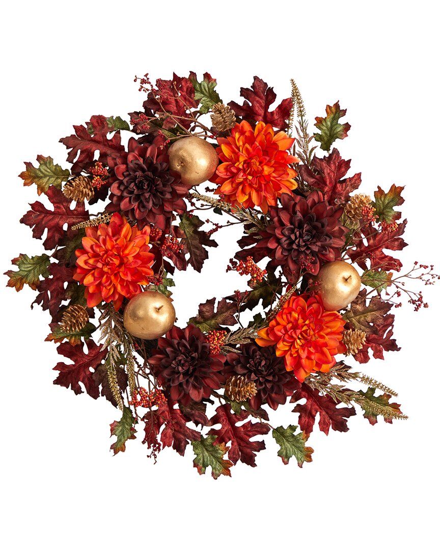 Shop Nearly Natural 24in Fall Dahlia, Apple, Oak Leaf & Berries Artificial Wreath In Orange