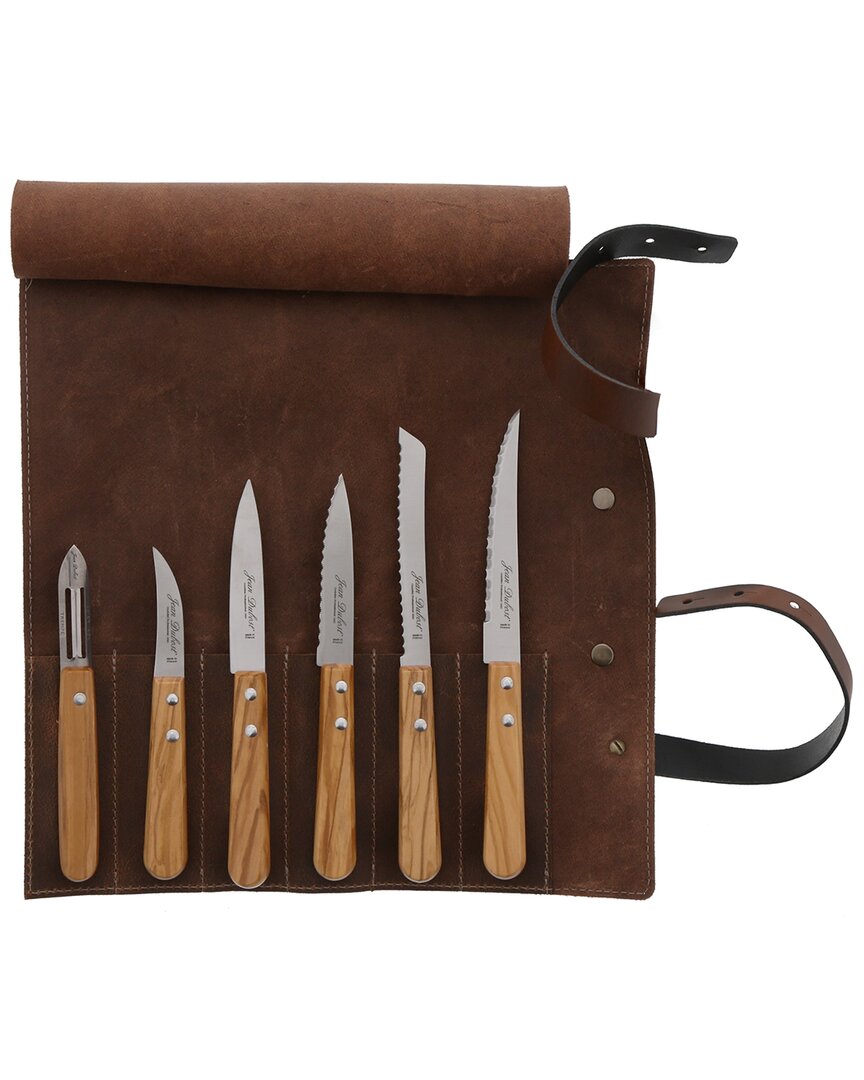 Shop Jean Dubost 6 Kitchen Knives In Leather Pouch Olive Wood