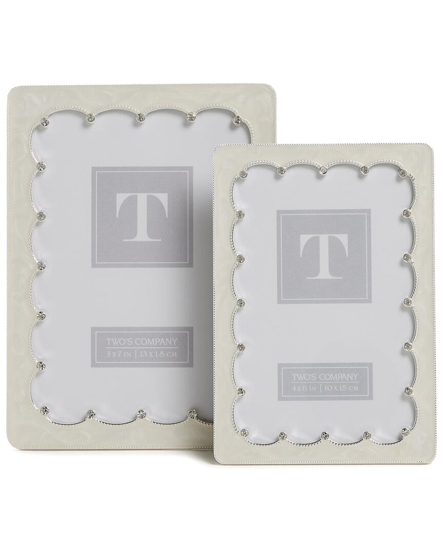 Two's Company Set Of 2 Scalloped Crystal Photo Frames In White