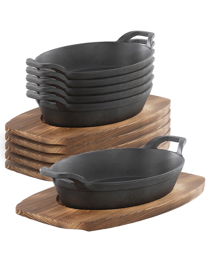 Megachef 6pc Mini Cast Iron Oval Pan With Wood Trivet Set In Black