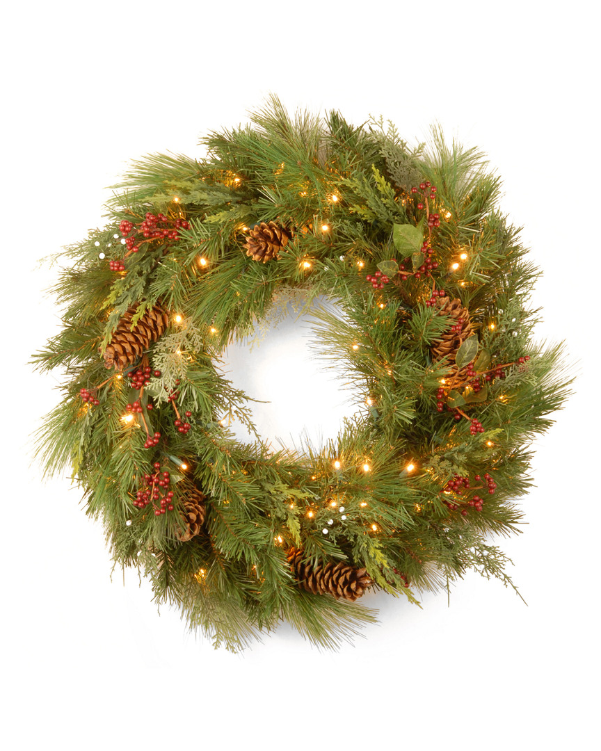 National Tree Company 30in White Pine Wreath With Pine Cones And 100 Soft Lights