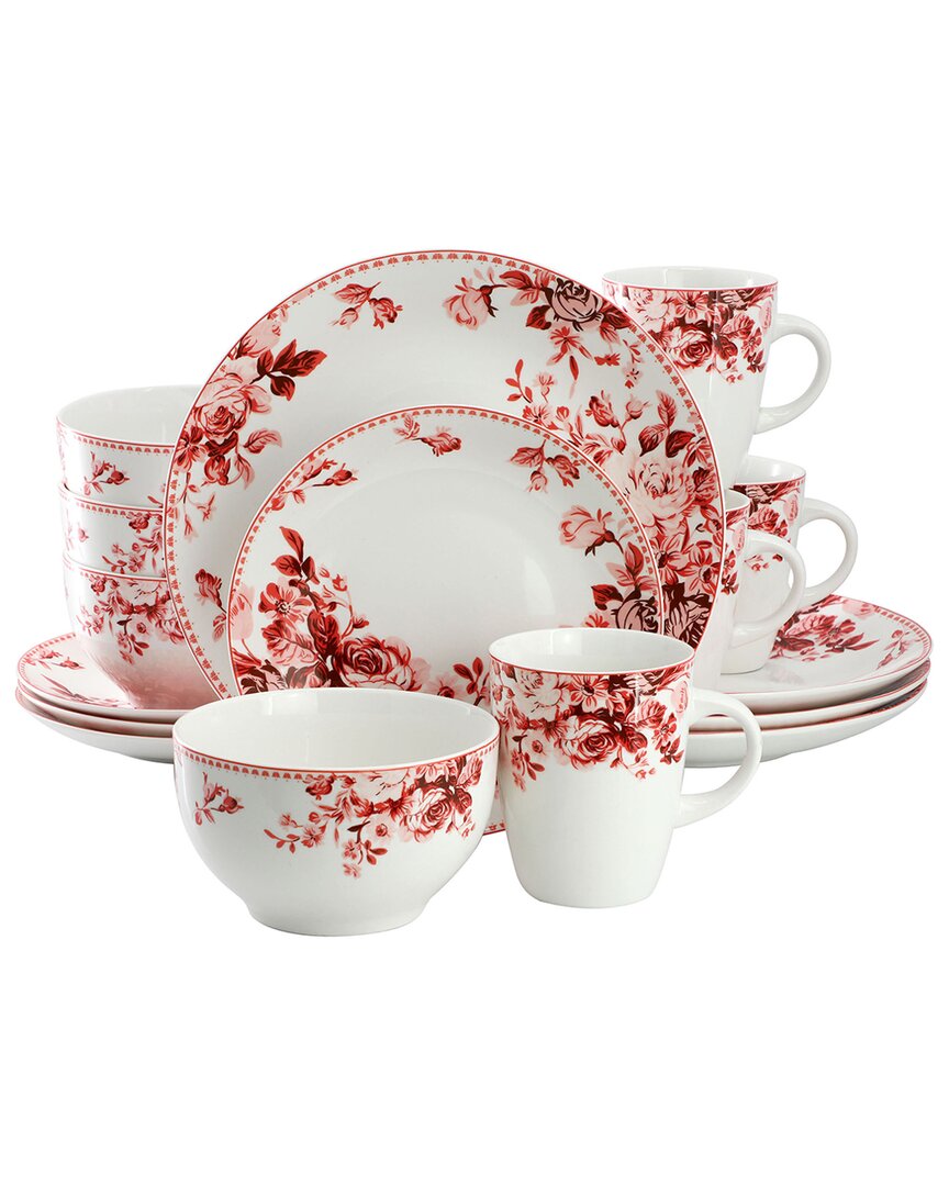 Elama Traditional Red Rose 16pc Stoneware Dinnerware Set
