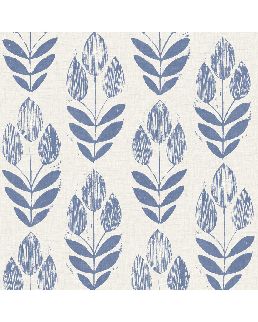 Brewster Scandinavian Blue Block Print Tulip Wallpaper