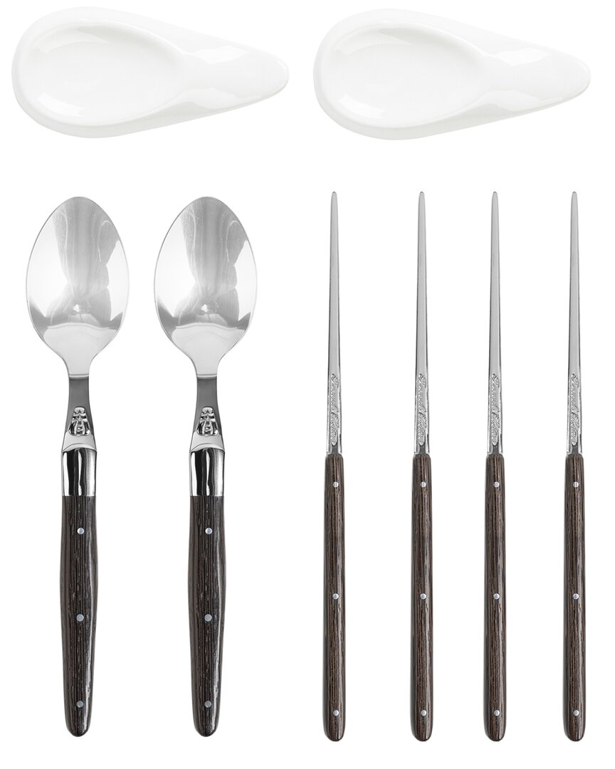French Home Wenge Wood Chopsticks, Laguiole Spoons And Ceramic Rests, Set Of 2 Pairs