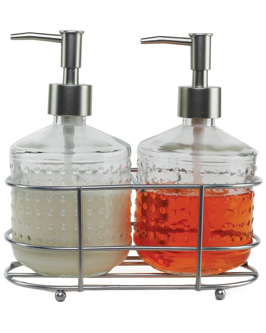Circleware Vintage Hobnail 3pc Set Of 2- Soap Pumps In Brushed Nickel Finish Caddy In Silver