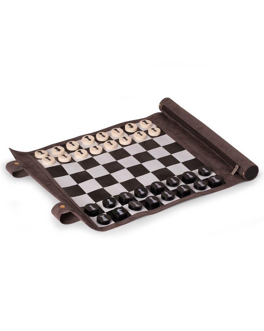 Bey-berk Suede Roll Up 12.5in Travel Chess Set In Gray