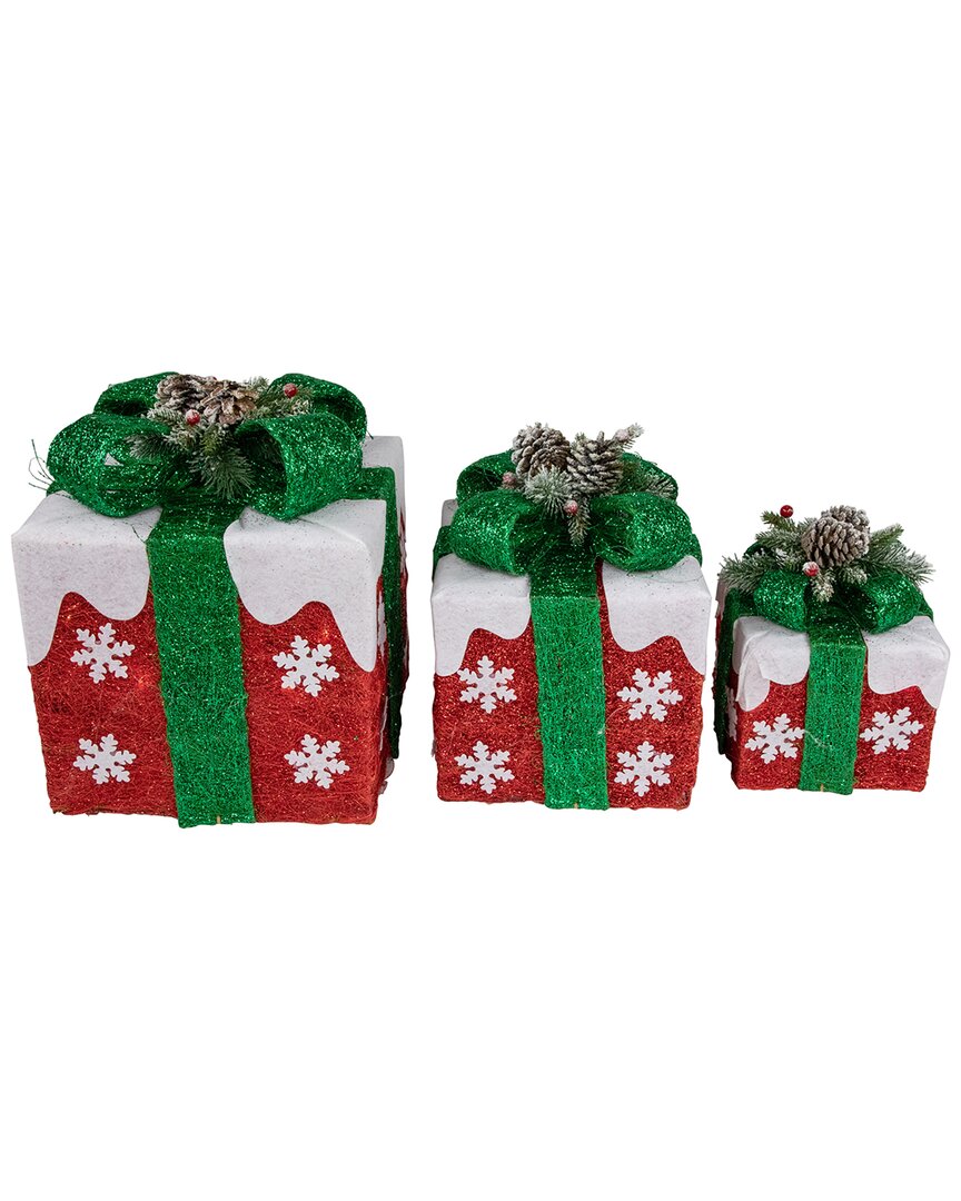 Northlight Set Of 3 Lighted Red With White Snowflakes Gift Box Outdoor Display In Red