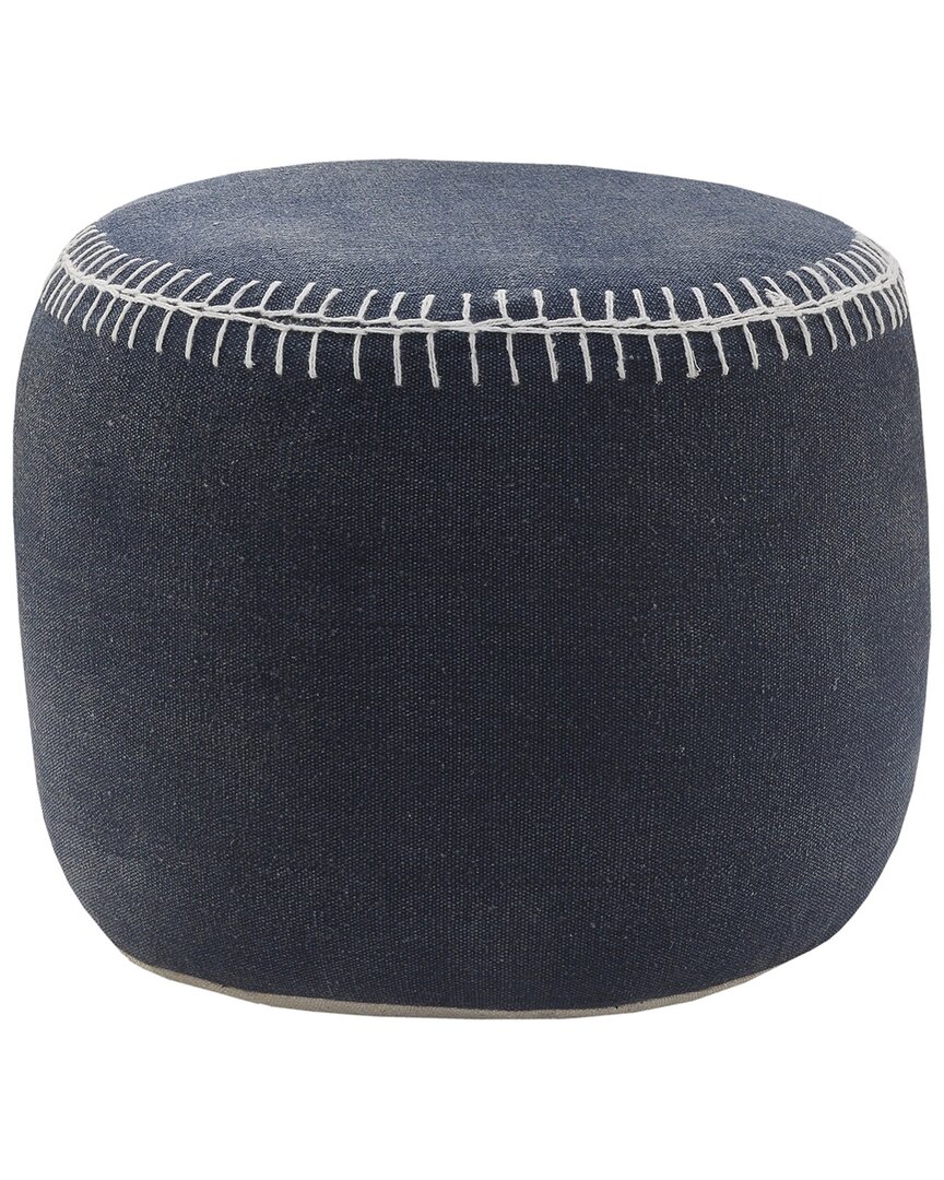 Lr Home Evelyn Navy/white Bordered Flatweave Ottoman Pouf In Blue