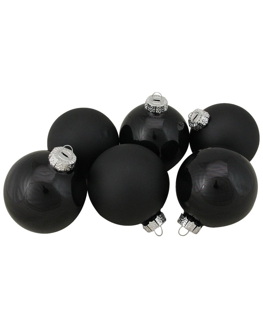 Northlight 6ct Black Glass 2-finish Christmas Ball Ornaments 3.25in (80mm) In Black
