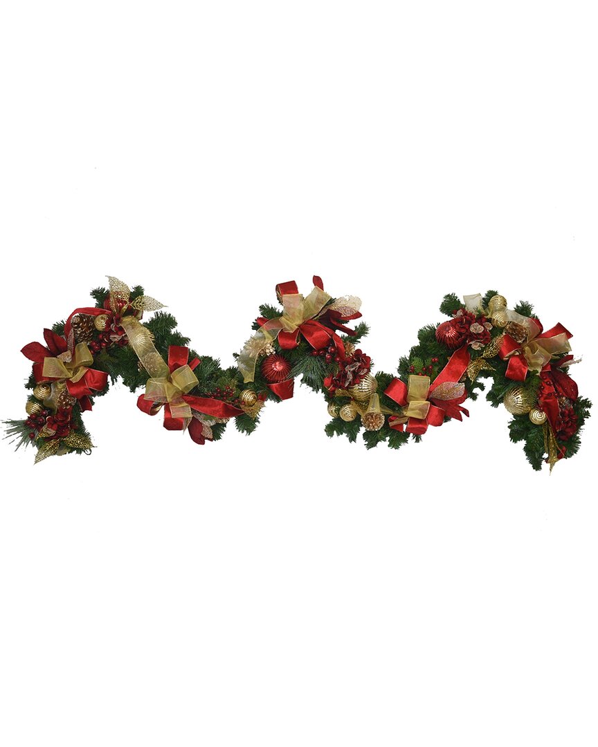 Creative Displays 9ft Holiday Garland With Red Hydrangeas, Ornaments, And Bows In Burgundy