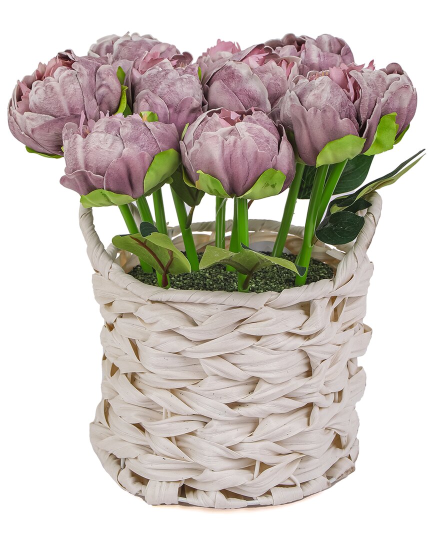 National Tree Company 10in Light Purple Peony Flower Bouquet In White Basket In Purple