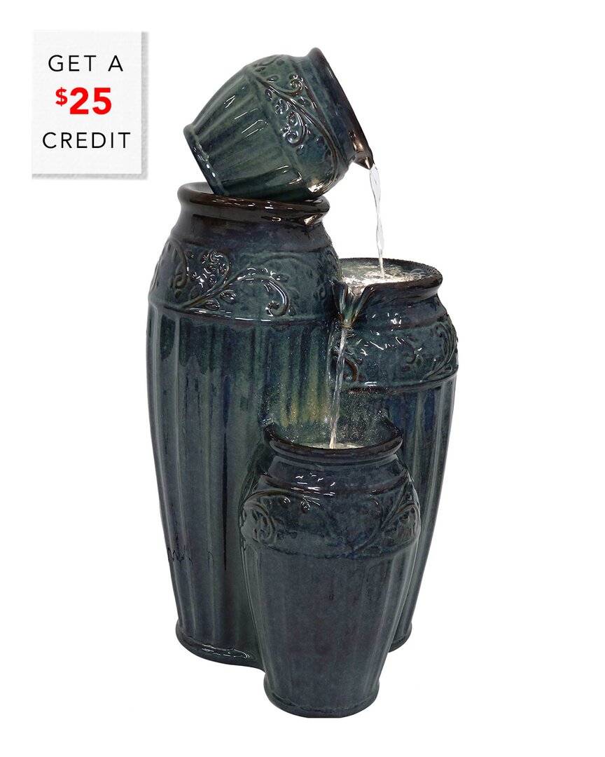 Sunnydaze 27"h Electric Ceramic Dark Turquoise Tour De Vase Outdoor Water Fountain With Led Lights In Blue