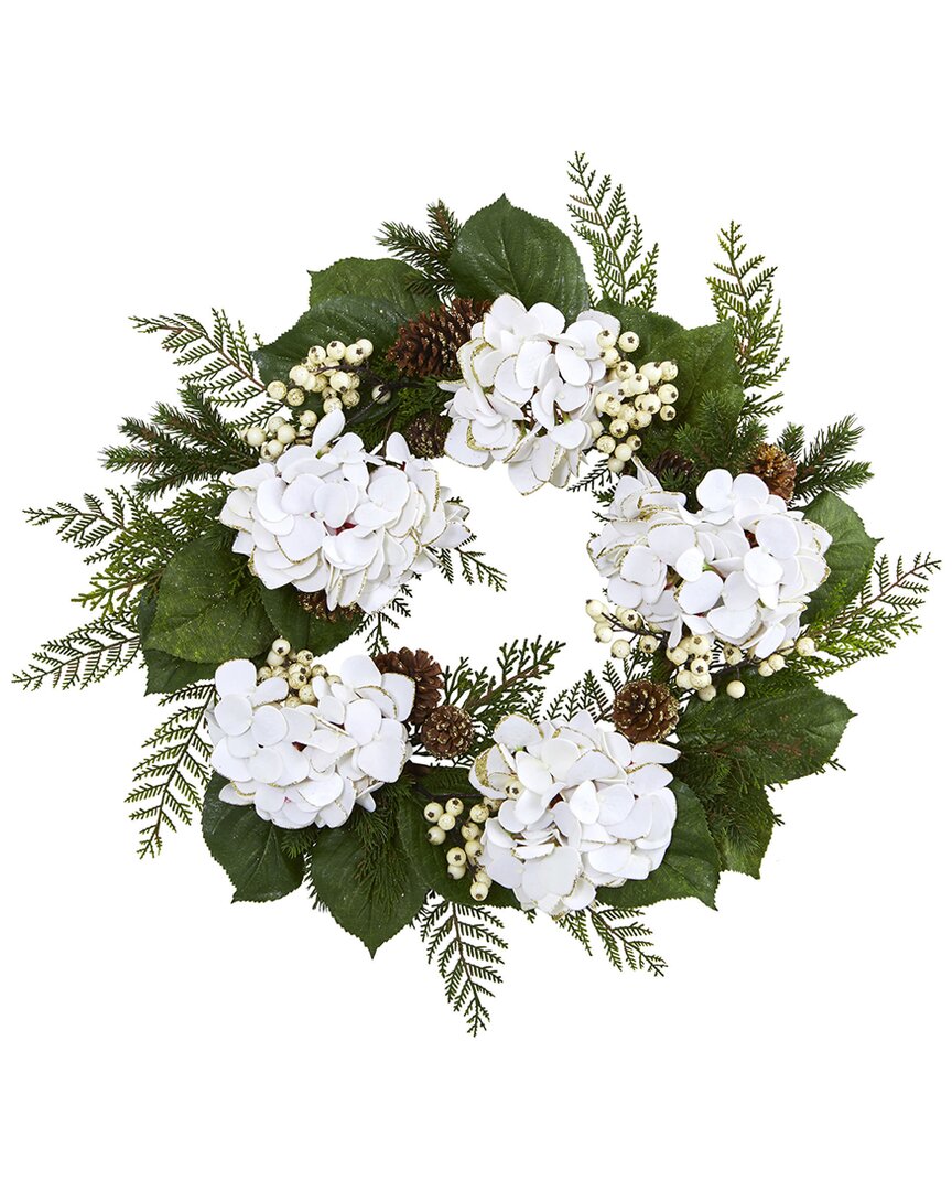 Nearly Natural 24in Gold Trimmed Hydrangea & Berry Wreath In White