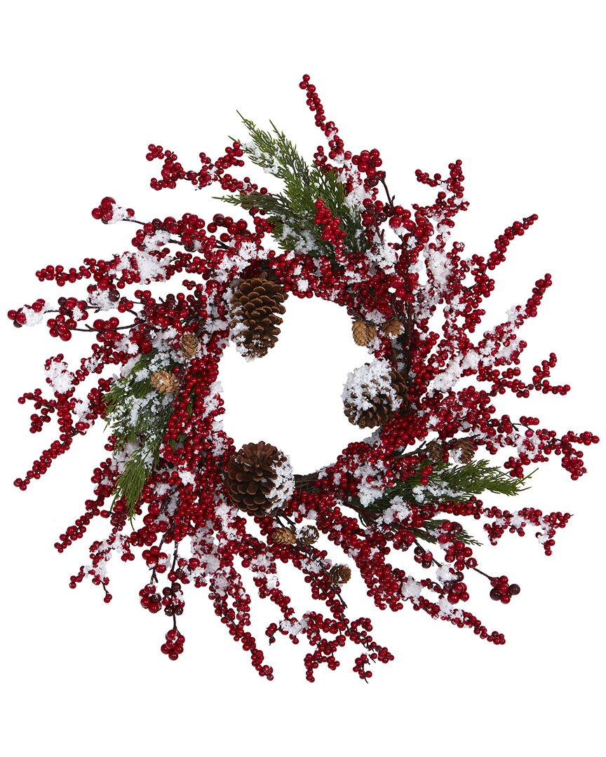 Nearly Natural 24in Frosted Cypress Artificial Wreath With Berries In Red
