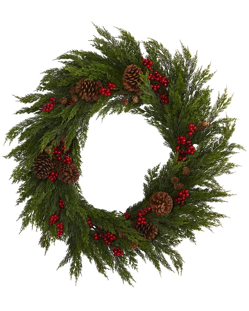 Nearly Natural 32in Cypress With Berries & Pine Cones Artificial Wreath In Green