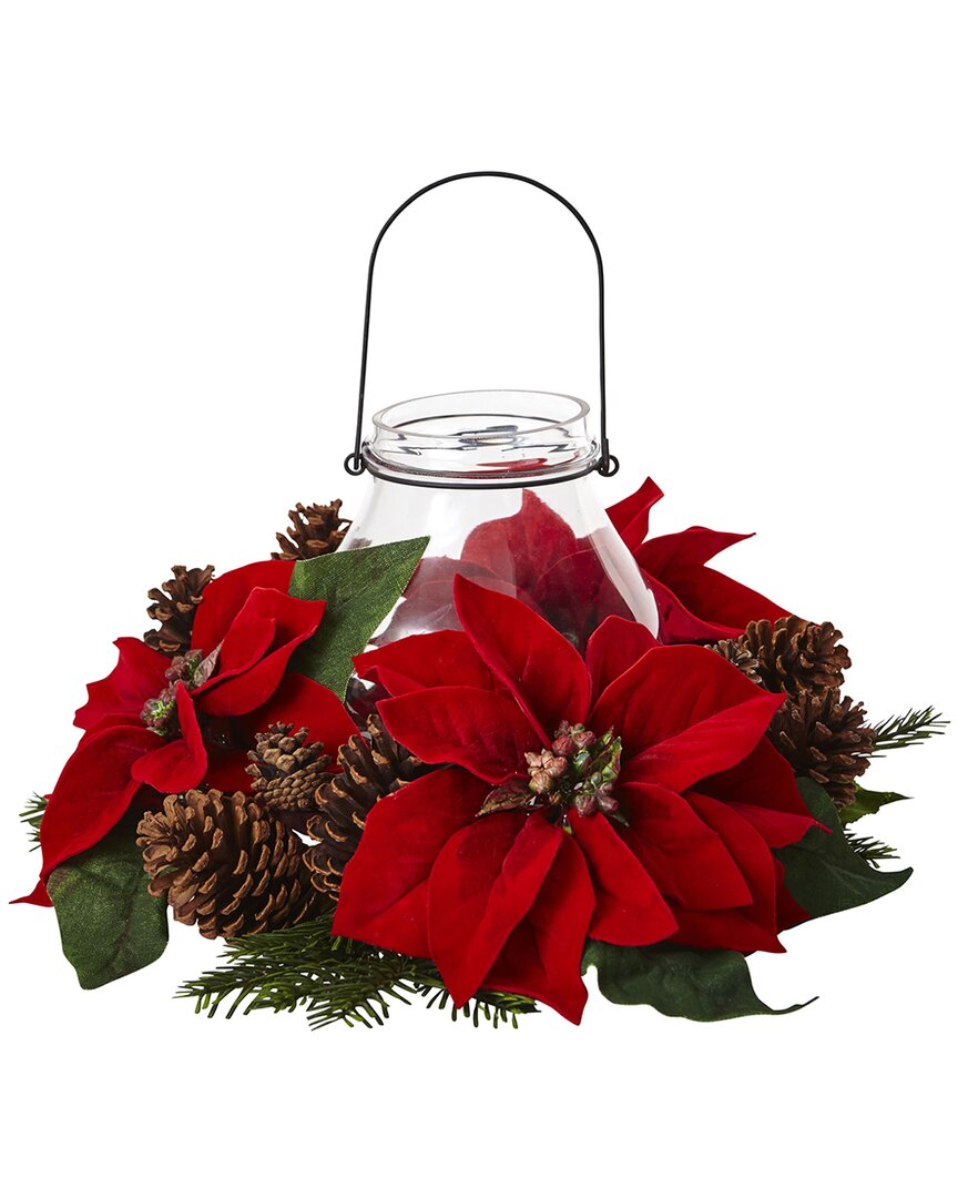 Nearly Natural Poinsettia Pine & Pinecone Candelabrum In Red