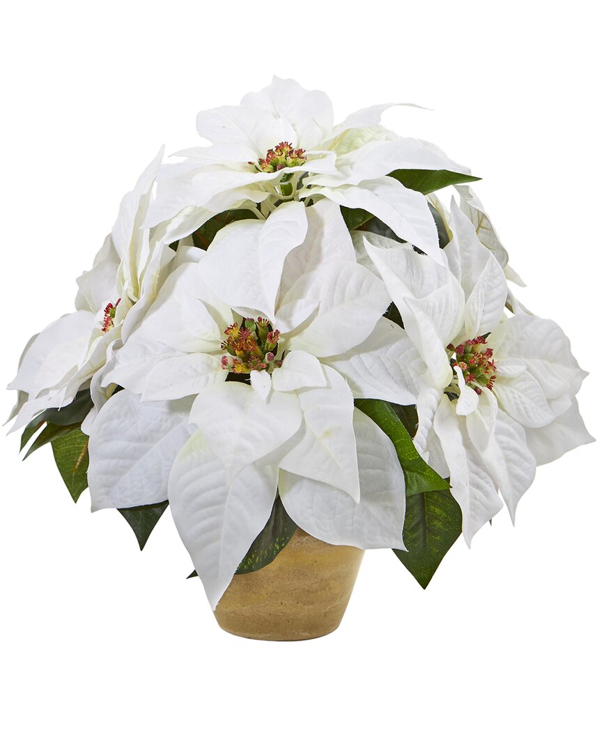 Nearly Natural Poinsettia Artificial Arrangement In Ceramic Vase In White