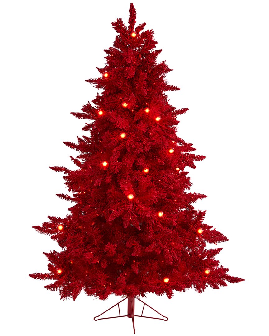 Nearly Natural 6ft Red Flocked Fraser Fir Artificial Christmas Tree In Red