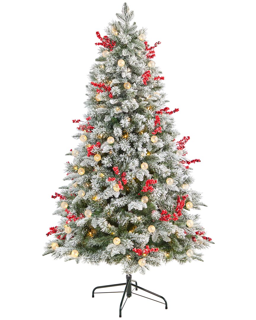Shop Nearly Natural 6ft Snow Tipped Norwegian Fir Pre-lit Artificial Christmas Tree In Green
