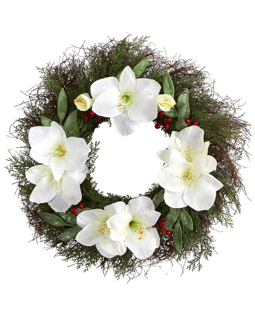 Nearly Natural 20in Cedar Amaryllis & Ruscus With Berries Artificial Wreath In Green