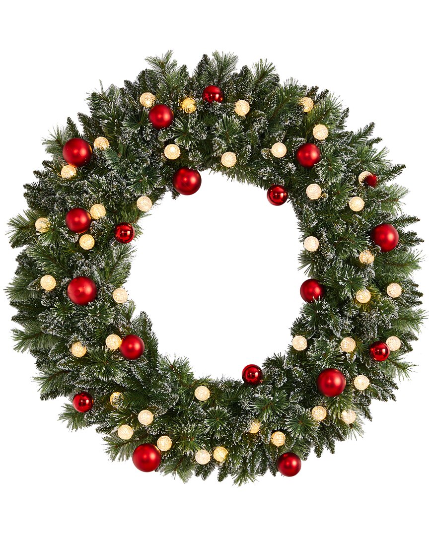 Nearly Natural 4ft Oversized Pre-lit Frosted Holiday Christmas Wreath In Green