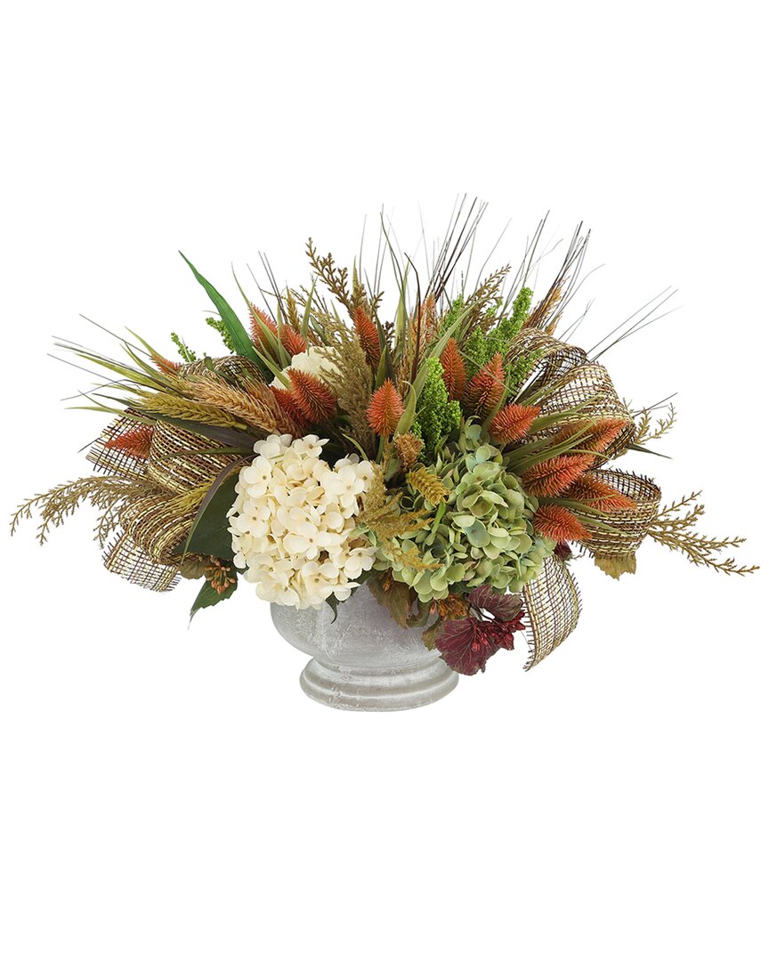 Creative Displays Rustic Fall Centerpiece With Tan Pampas & Hydrangeas In Stone Pot In Orange
