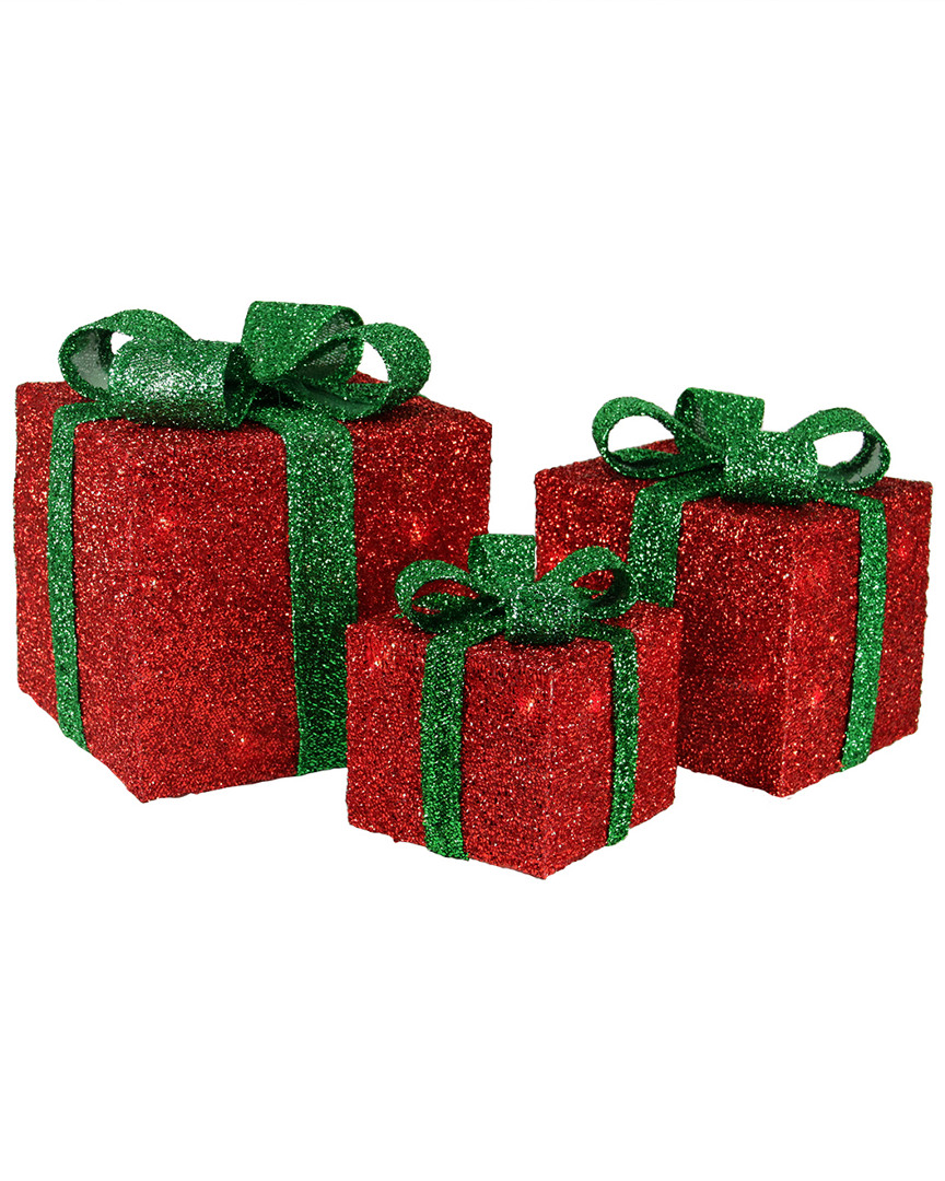 NORTHLIGHT NORTHLIGHT SET OF 3 RED TINSEL GIFT BOXES WITH GREEN BOWS LIGHTED CHRISTMAS