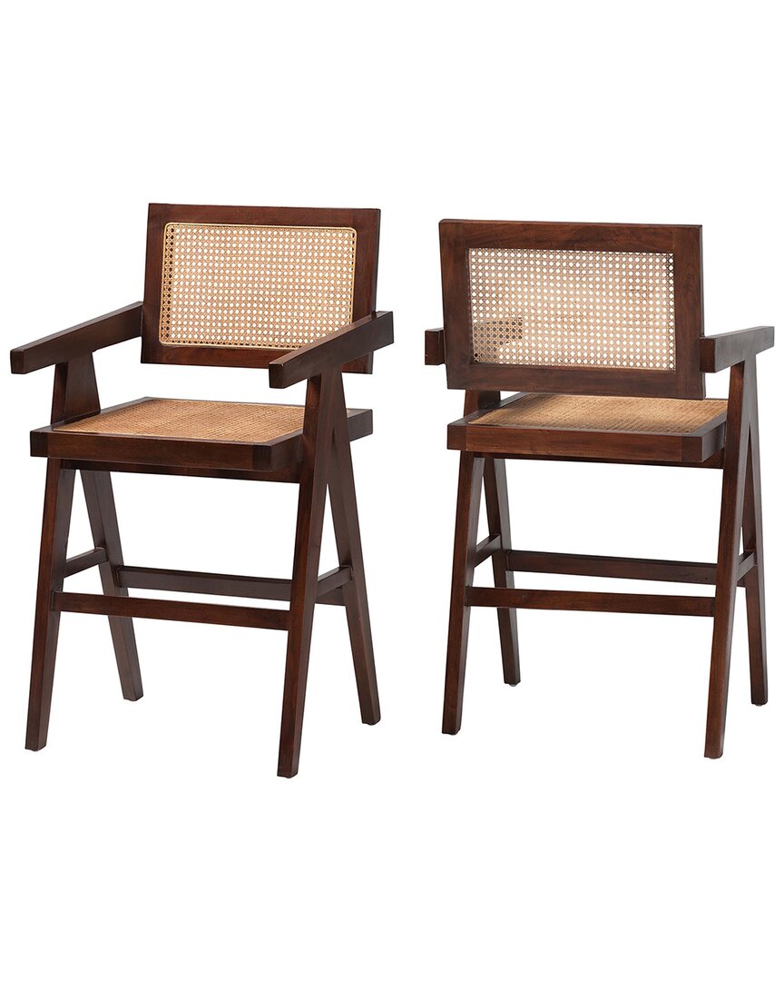 Baxton Studio Set Of 2 Kresna Rattan Counter Stools With Mahogany Wood Frame &  Armrest In Multi