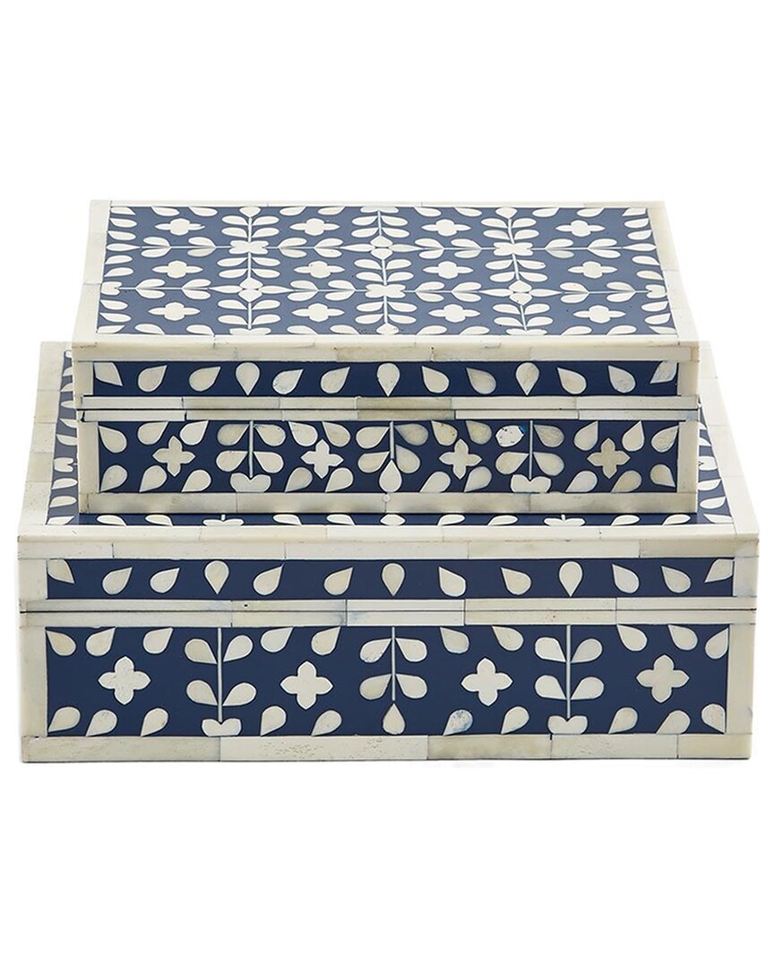 Two's Company Set Of 2 Flower & Petals Tear Hinged Cover Boxes In Blue