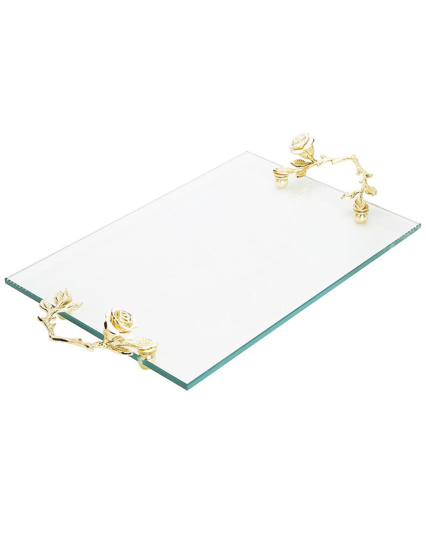 Alice Pazkus Glass Tray With Jeweled Flower Handles In White