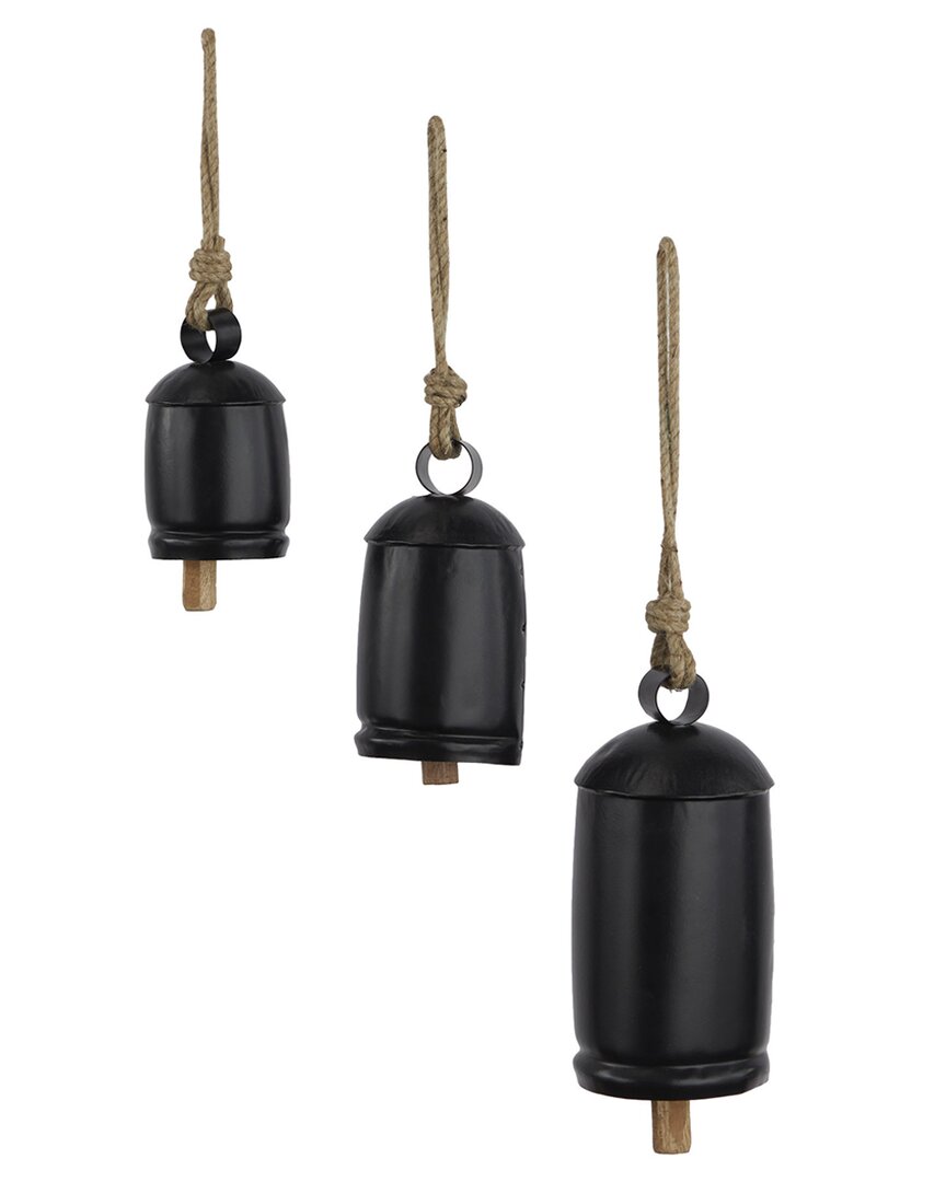 Peyton Lane Set Of 3 Black Metal Tibetan Inspired Decorative Cow Bell With Jute Hanging Rope In Black