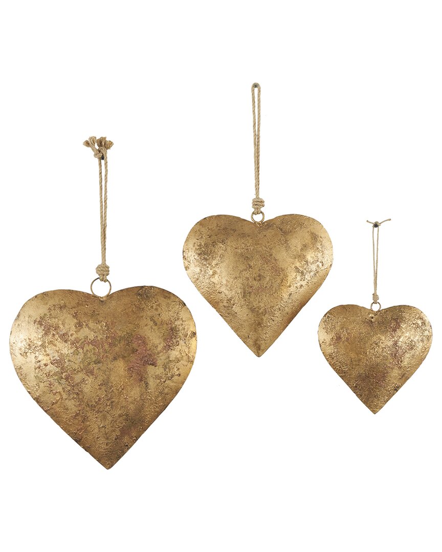 Peyton Lane Set Of 3 Heart Gold Metal Decorative Bell With Hanging Rope In Gold
