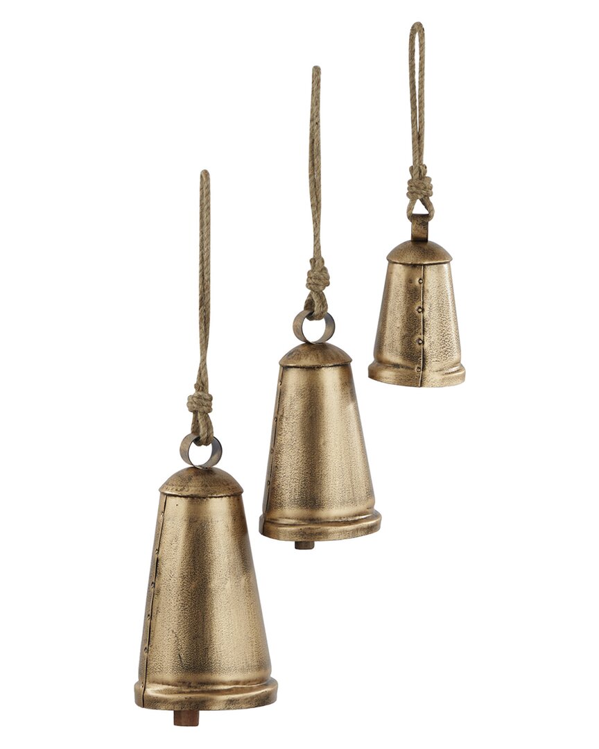 Peyton Lane Set Of 3 Bronze Metal Tibetan Inspired Decorative Cow Bell With Jute Hanging Rope In Bronze