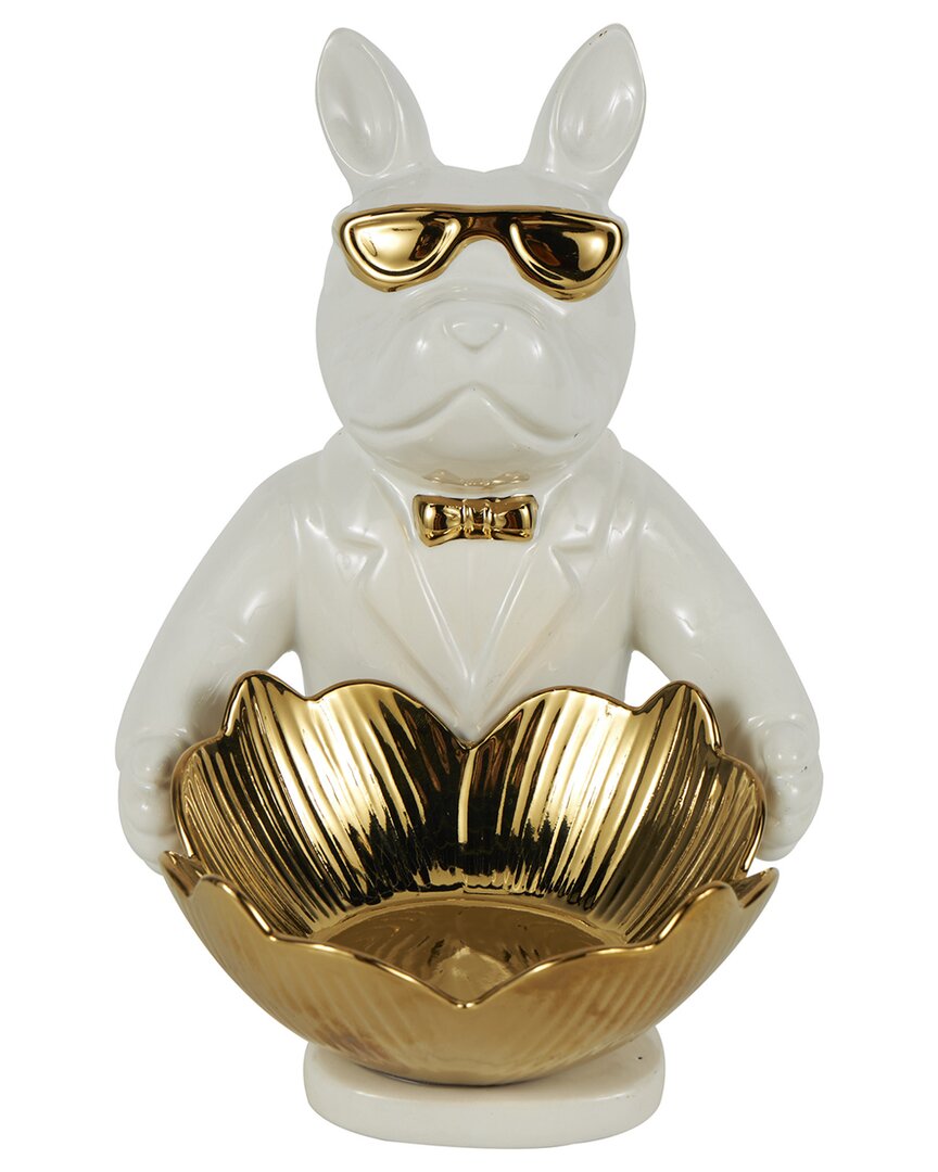 Peyton Lane Bulldog White Ceramic Sculpture With Gold Accents