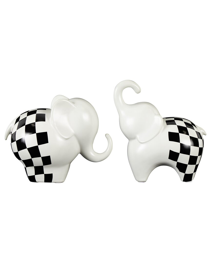 Peyton Lane Set Of 2 Elephant White Ceramic Small Sculpture With Checkered Pattern