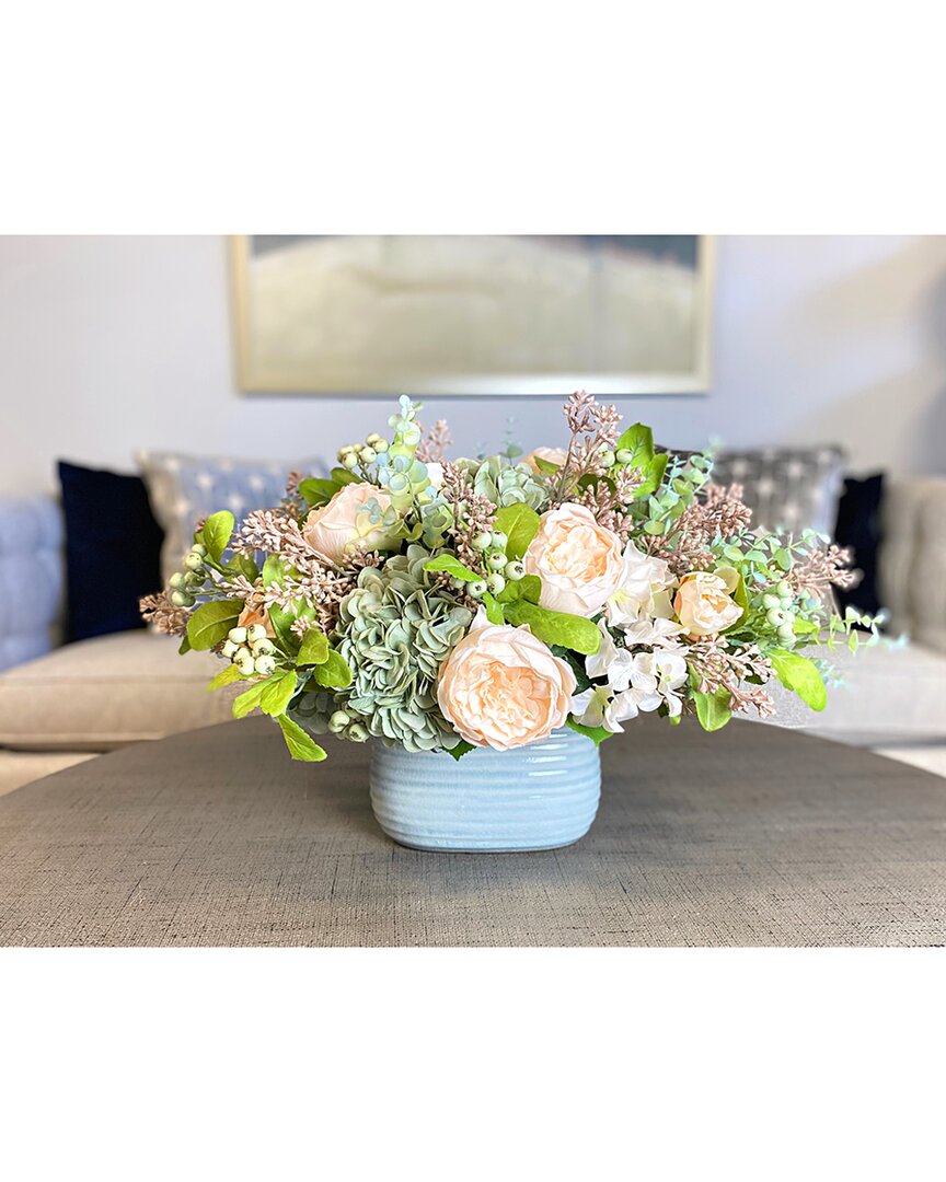 Creative Displays Hydrangeas, Peonies, & Eucalyptus In A Tealceramic Vase In Pink