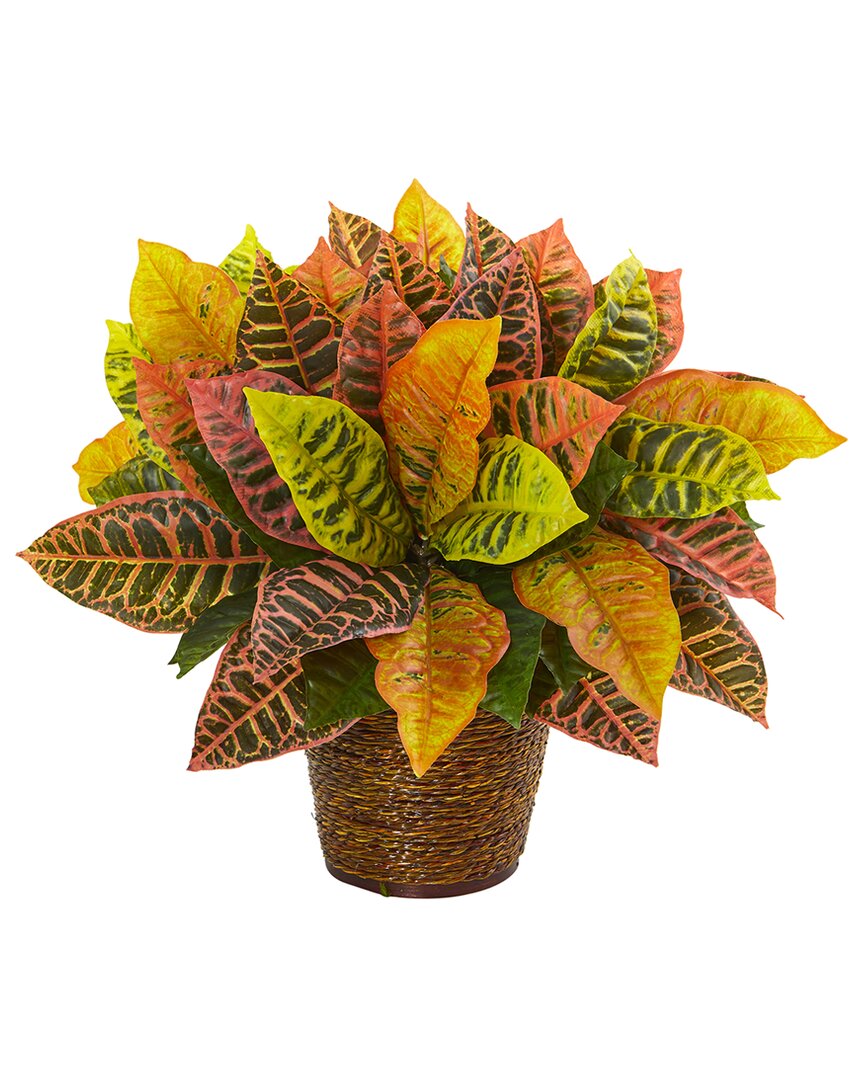 Nearly Natural Garden Croton Artificial Plant In Basket (real Touch) In Orange