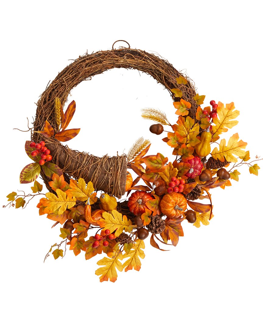 Nearly Natural Autumn Artificial Cornucopia Fall Wreath 26in In Orange
