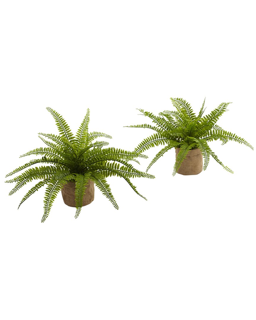 Nearly Natural 15" Ruffle Fern Bush W/burlap Base, Set Of 2 In Green