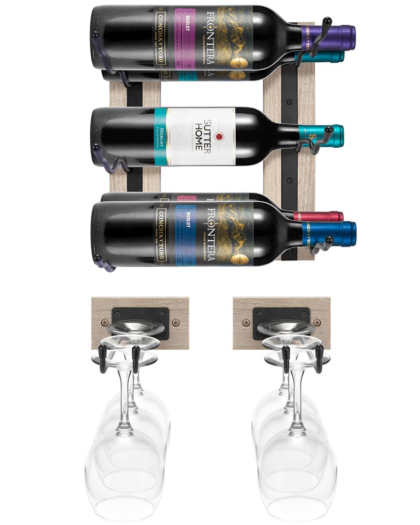 Sorbus Wall Mounted Grey Wood Wine Rack & Glass Holder Set