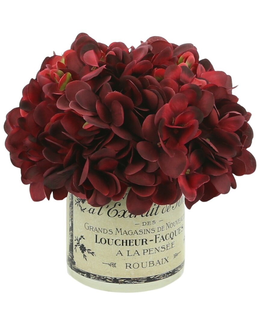 Creative Displays Red Hydrangea Floral Arrangement In A French Labeled Vase In Burgundy