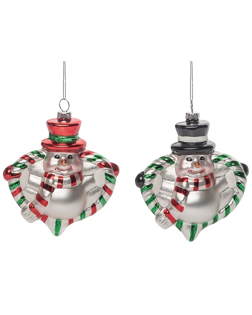 Transpac Glass 5in Multicolored Christmas Vintage Snowman Ornament Set Of 2